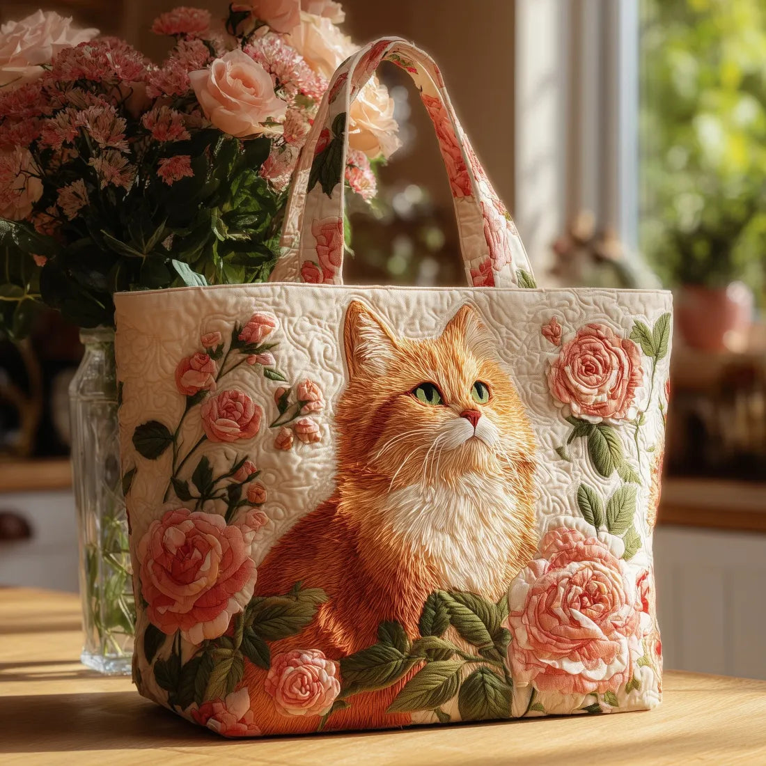 Handmade Chat Roux Bag with Pink Roses