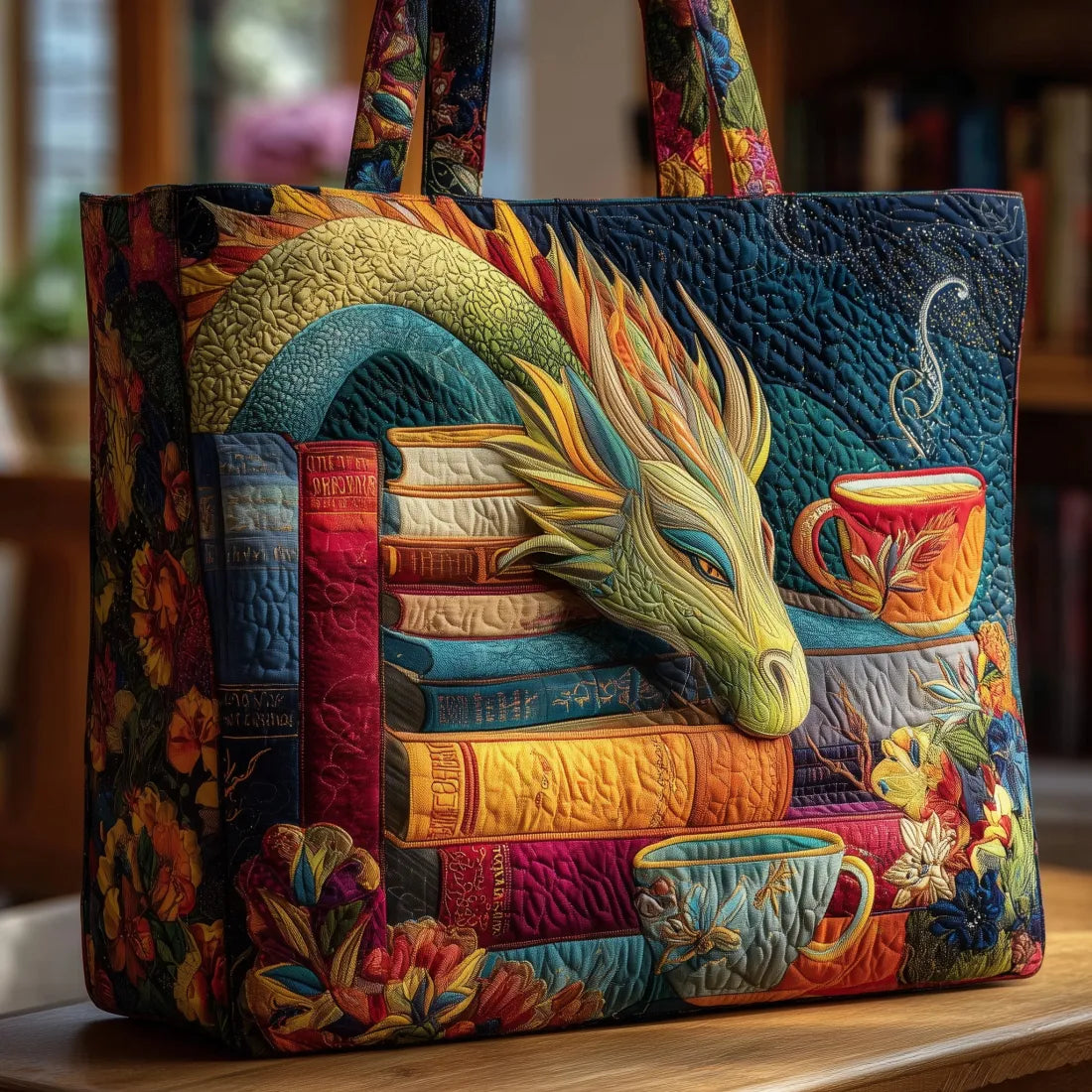 Handmade Dragon Tote Bag with Books and Cups