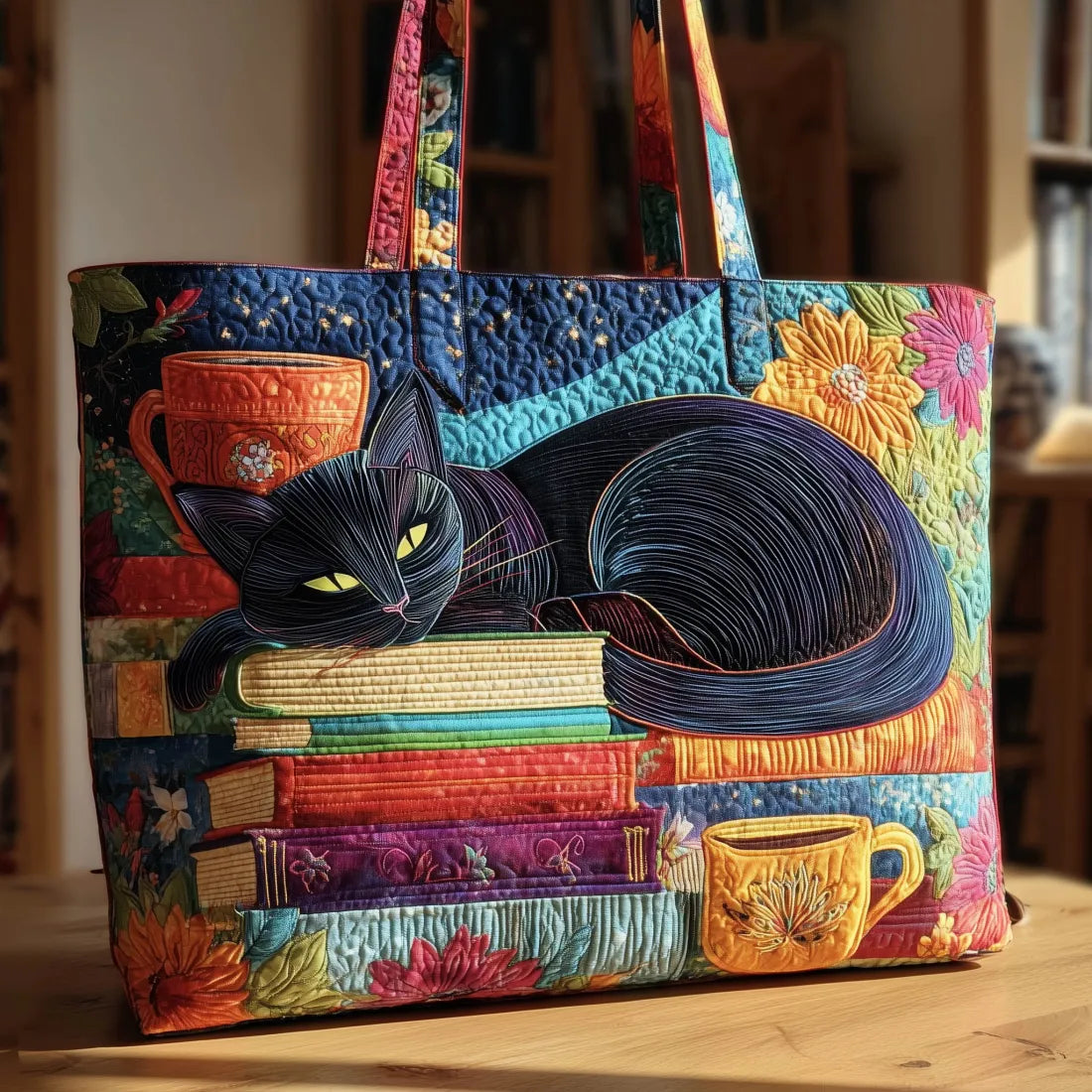Handmade Chat Noir Tote Bag with Books and Cups